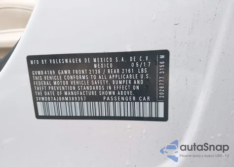 2017 Volkswagen Jetta 1.4T Se z USA, uszkodzony, nr VIN 3VWDB7AJ8HM389357